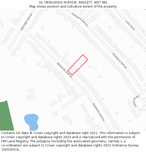 34, NEWLANDS AVENUE, RADLETT, WD7 8EL: Location map and indicative extent of plot
