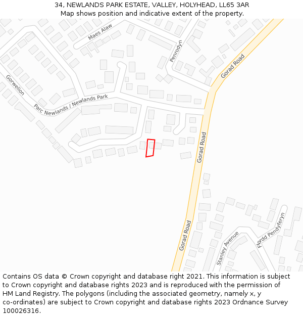 34, NEWLANDS PARK ESTATE, VALLEY, HOLYHEAD, LL65 3AR: Location map and indicative extent of plot