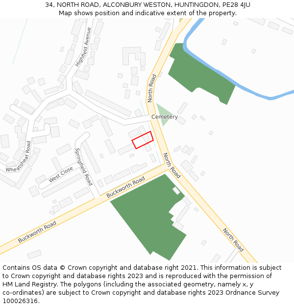 34, NORTH ROAD, ALCONBURY WESTON, HUNTINGDON, PE28 4JU: Location map and indicative extent of plot