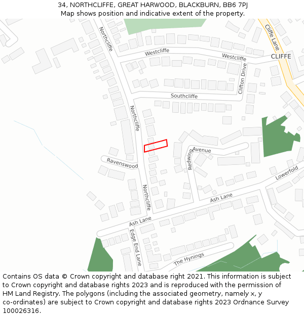 34, NORTHCLIFFE, GREAT HARWOOD, BLACKBURN, BB6 7PJ: Location map and indicative extent of plot
