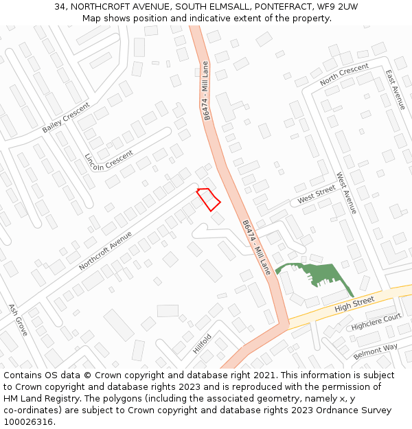34, NORTHCROFT AVENUE, SOUTH ELMSALL, PONTEFRACT, WF9 2UW: Location map and indicative extent of plot