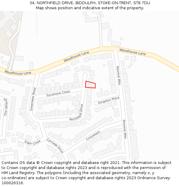 34, NORTHFIELD DRIVE, BIDDULPH, STOKE-ON-TRENT, ST8 7DU: Location map and indicative extent of plot