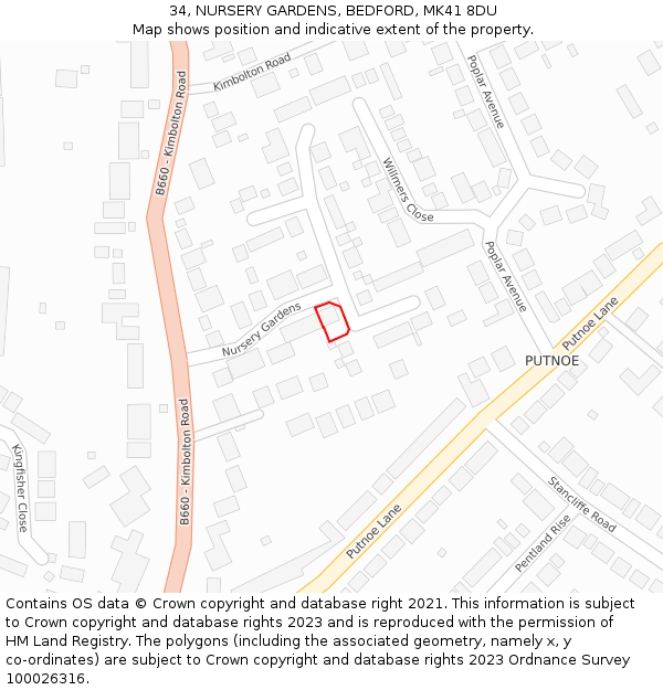 34, NURSERY GARDENS, BEDFORD, MK41 8DU: Location map and indicative extent of plot