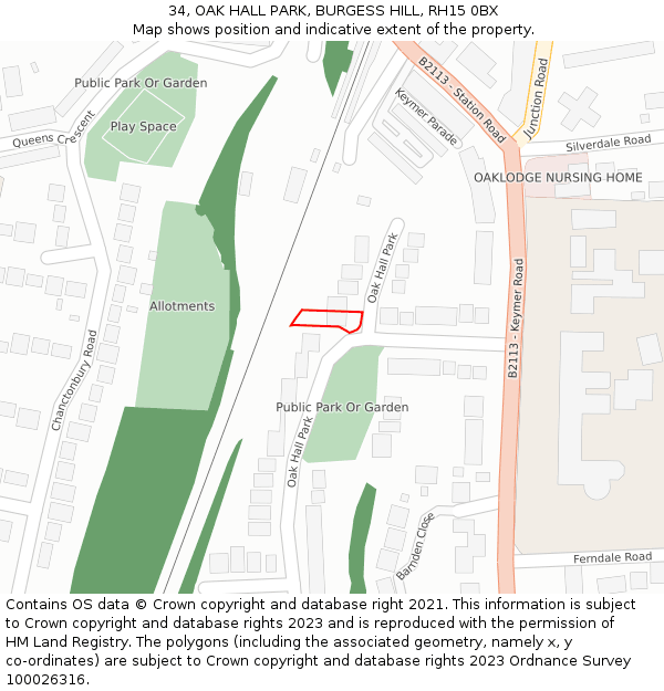 34, OAK HALL PARK, BURGESS HILL, RH15 0BX: Location map and indicative extent of plot