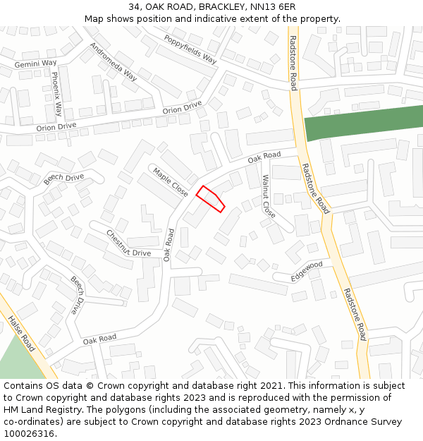 34, OAK ROAD, BRACKLEY, NN13 6ER: Location map and indicative extent of plot