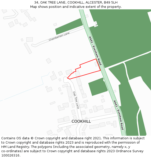 34, OAK TREE LANE, COOKHILL, ALCESTER, B49 5LH: Location map and indicative extent of plot