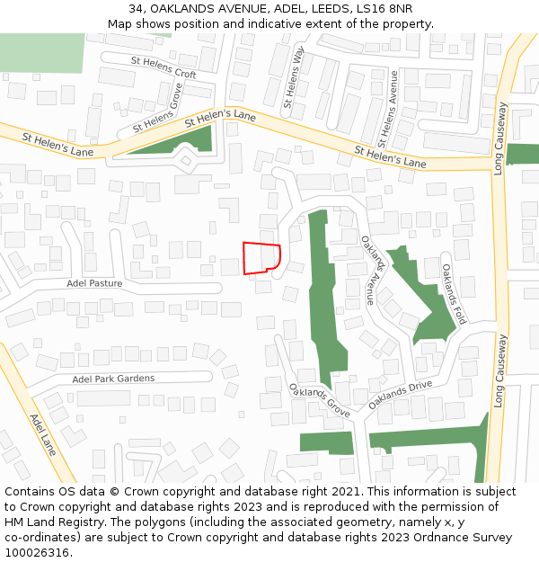 34, OAKLANDS AVENUE, ADEL, LEEDS, LS16 8NR: Location map and indicative extent of plot