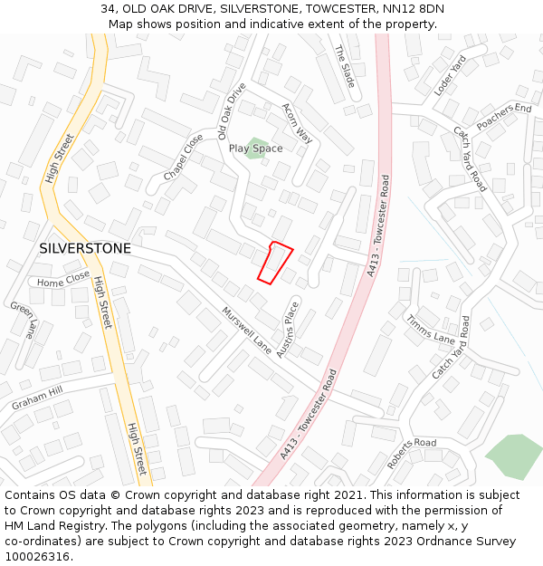 34, OLD OAK DRIVE, SILVERSTONE, TOWCESTER, NN12 8DN: Location map and indicative extent of plot