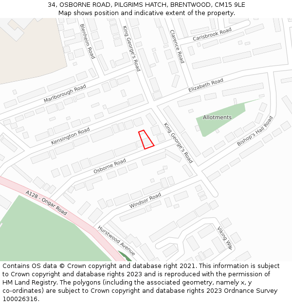 34, OSBORNE ROAD, PILGRIMS HATCH, BRENTWOOD, CM15 9LE: Location map and indicative extent of plot
