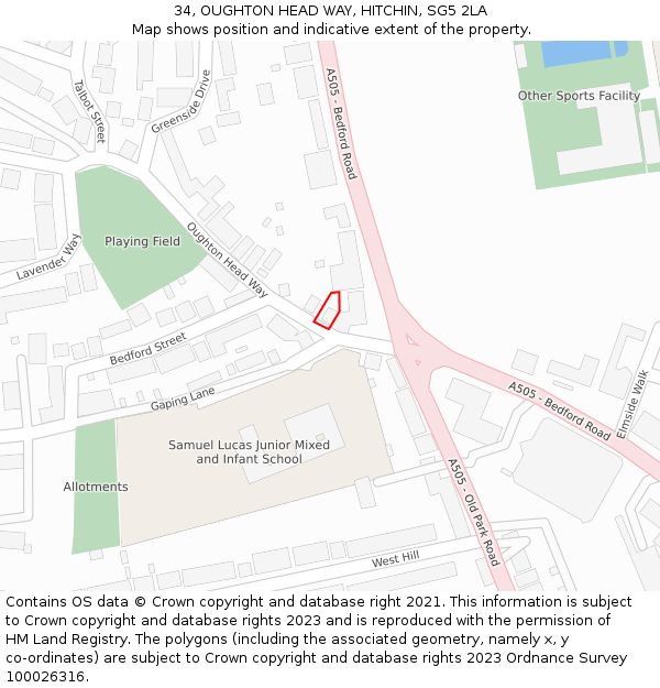 34, OUGHTON HEAD WAY, HITCHIN, SG5 2LA: Location map and indicative extent of plot