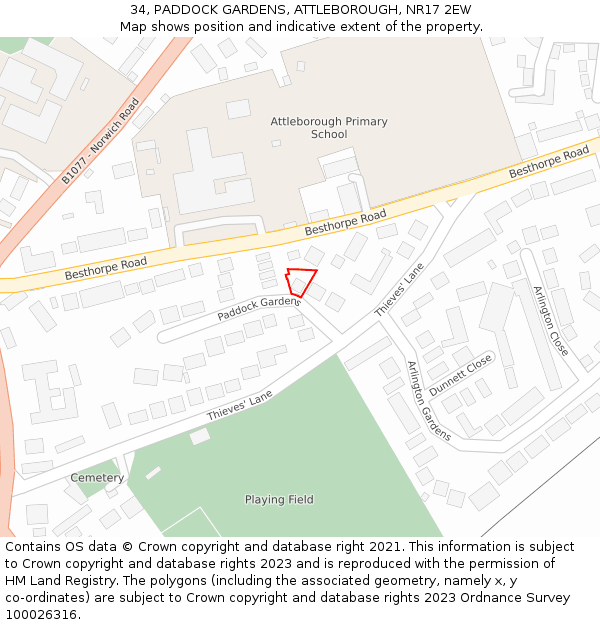 34, PADDOCK GARDENS, ATTLEBOROUGH, NR17 2EW: Location map and indicative extent of plot