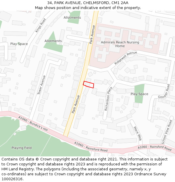 34, PARK AVENUE, CHELMSFORD, CM1 2AA: Location map and indicative extent of plot