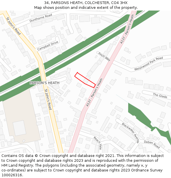 34, PARSONS HEATH, COLCHESTER, CO4 3HX: Location map and indicative extent of plot