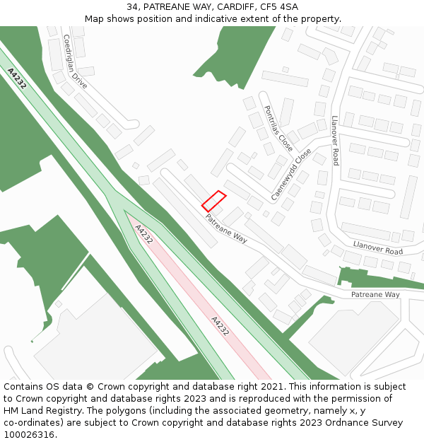 34, PATREANE WAY, CARDIFF, CF5 4SA: Location map and indicative extent of plot