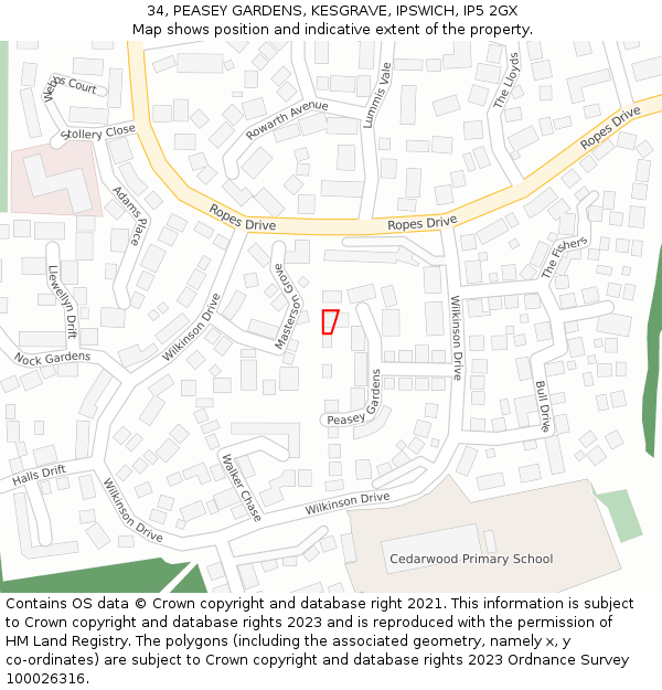 34, PEASEY GARDENS, KESGRAVE, IPSWICH, IP5 2GX: Location map and indicative extent of plot