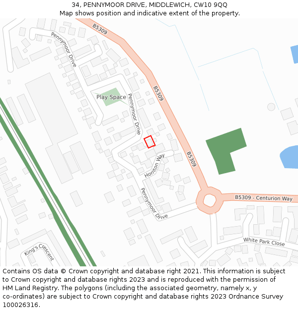 34, PENNYMOOR DRIVE, MIDDLEWICH, CW10 9QQ: Location map and indicative extent of plot