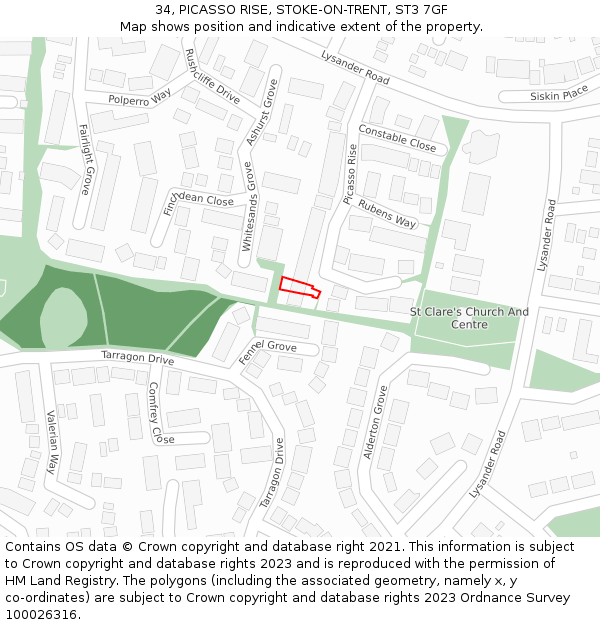 34, PICASSO RISE, STOKE-ON-TRENT, ST3 7GF: Location map and indicative extent of plot