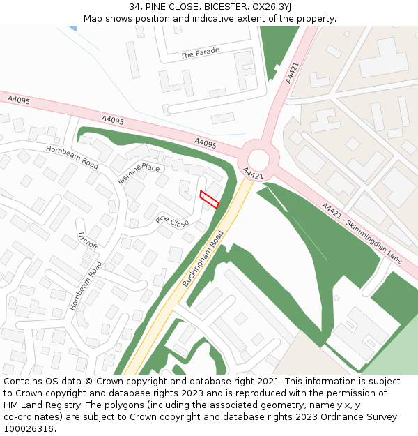 34, PINE CLOSE, BICESTER, OX26 3YJ: Location map and indicative extent of plot