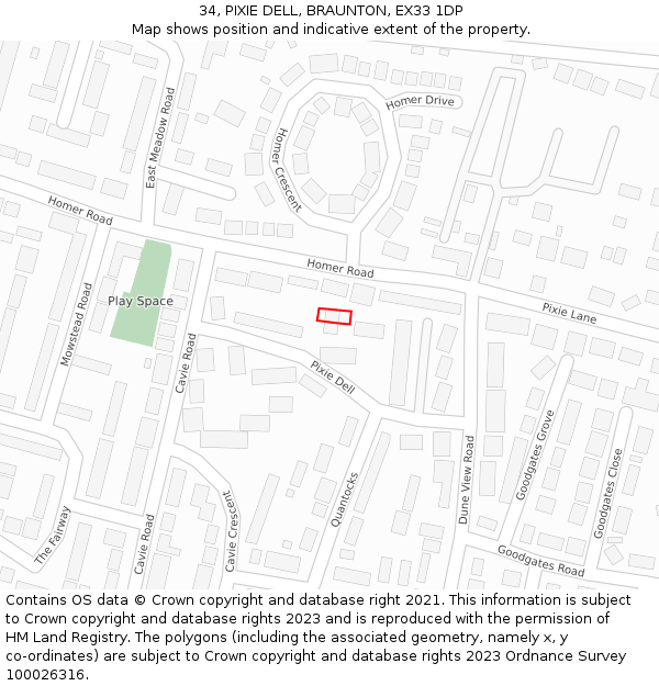 34, PIXIE DELL, BRAUNTON, EX33 1DP: Location map and indicative extent of plot