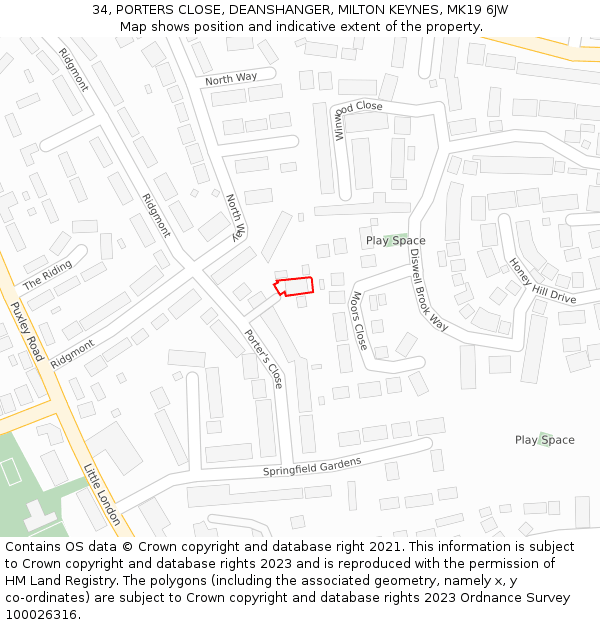 34, PORTERS CLOSE, DEANSHANGER, MILTON KEYNES, MK19 6JW: Location map and indicative extent of plot