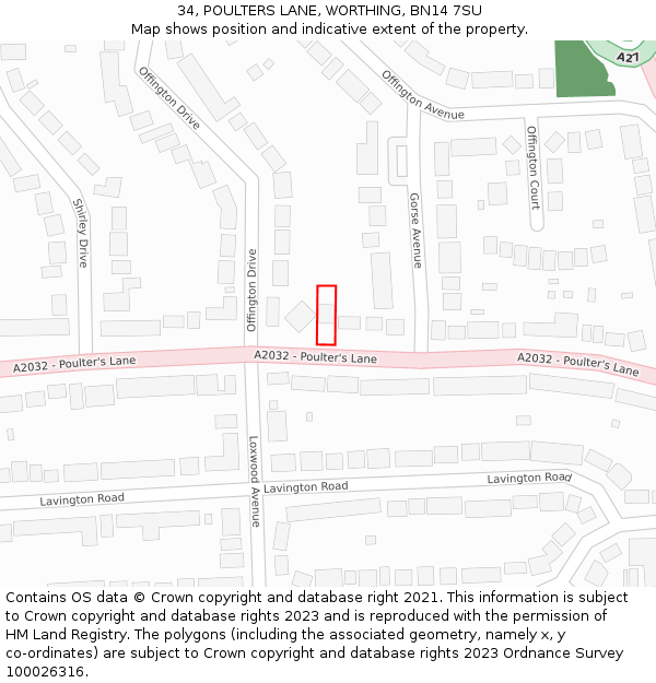 34, POULTERS LANE, WORTHING, BN14 7SU: Location map and indicative extent of plot