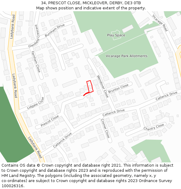 34, PRESCOT CLOSE, MICKLEOVER, DERBY, DE3 0TB: Location map and indicative extent of plot