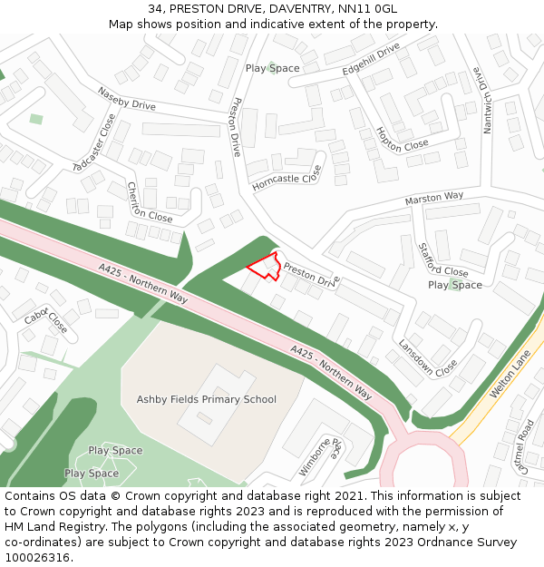 34, PRESTON DRIVE, DAVENTRY, NN11 0GL: Location map and indicative extent of plot