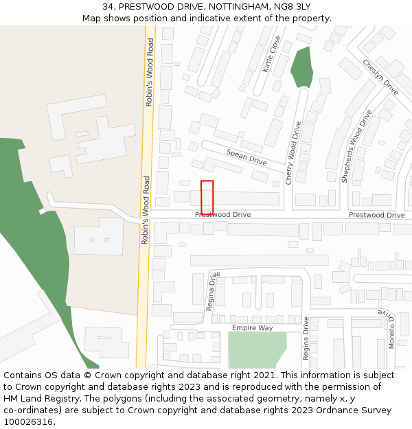 34, PRESTWOOD DRIVE, NOTTINGHAM, NG8 3LY: Location map and indicative extent of plot
