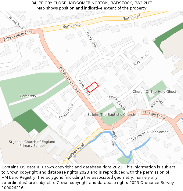 34, PRIORY CLOSE, MIDSOMER NORTON, RADSTOCK, BA3 2HZ: Location map and indicative extent of plot