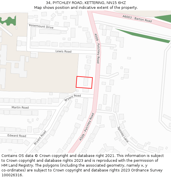 34, PYTCHLEY ROAD, KETTERING, NN15 6HZ: Location map and indicative extent of plot