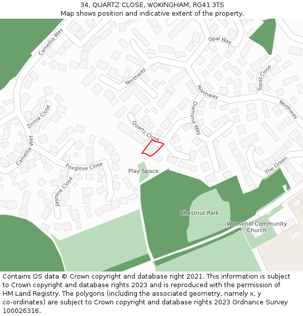 34, QUARTZ CLOSE, WOKINGHAM, RG41 3TS: Location map and indicative extent of plot