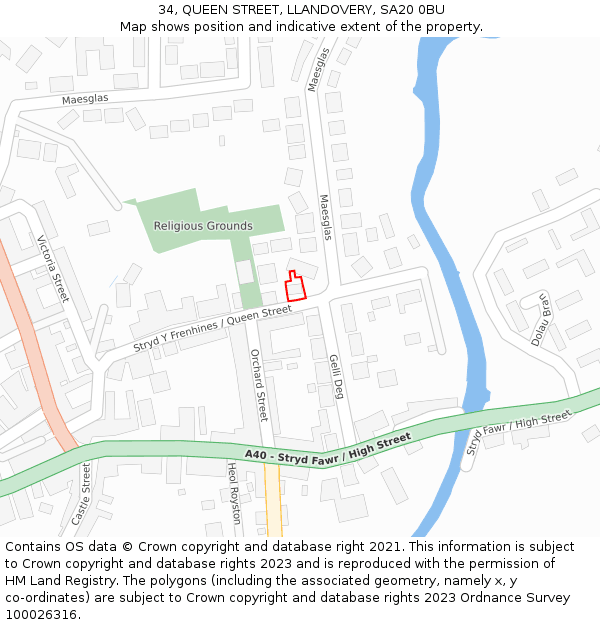 34, QUEEN STREET, LLANDOVERY, SA20 0BU: Location map and indicative extent of plot