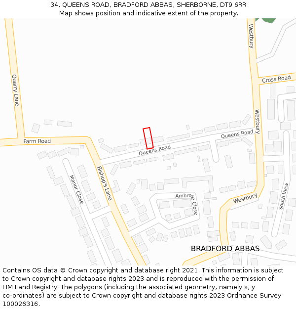 34, QUEENS ROAD, BRADFORD ABBAS, SHERBORNE, DT9 6RR: Location map and indicative extent of plot