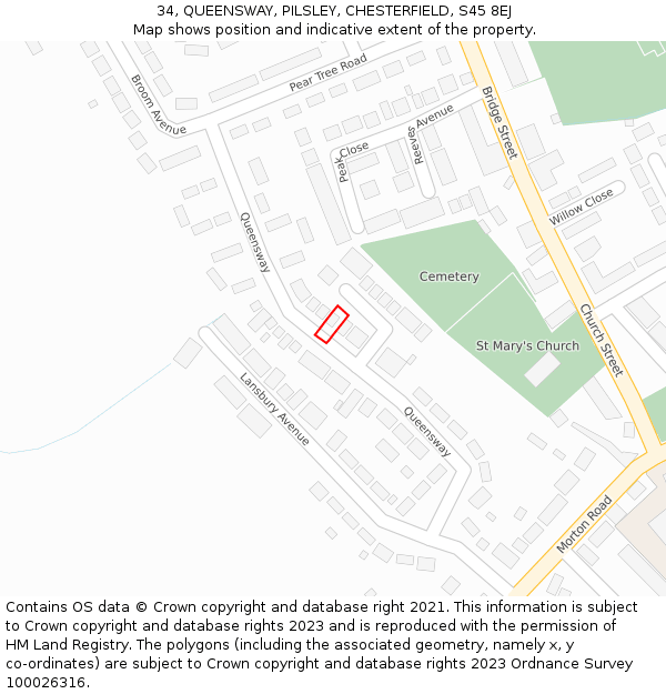 34, QUEENSWAY, PILSLEY, CHESTERFIELD, S45 8EJ: Location map and indicative extent of plot