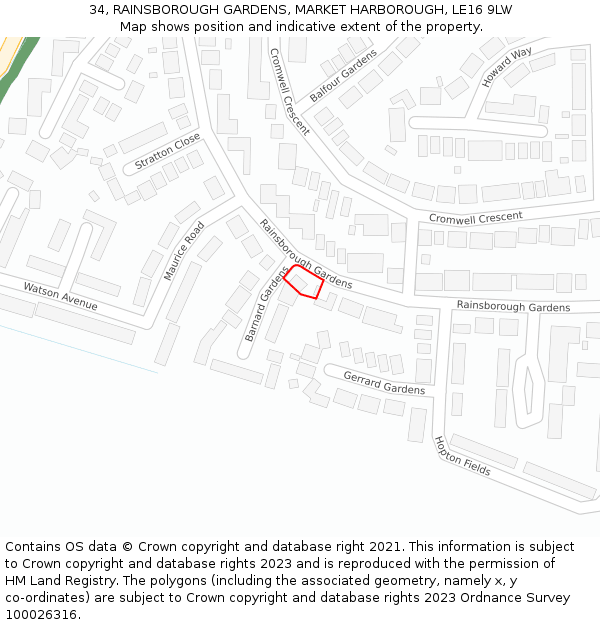 34, RAINSBOROUGH GARDENS, MARKET HARBOROUGH, LE16 9LW: Location map and indicative extent of plot