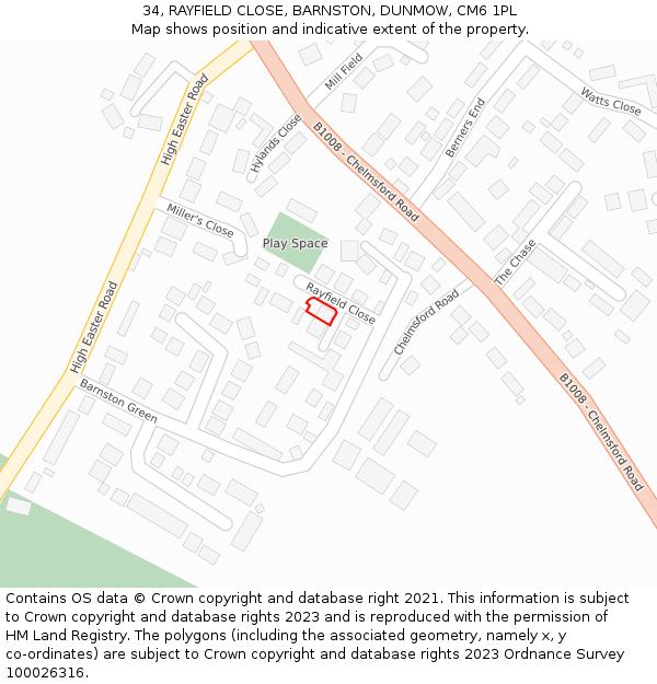 34, RAYFIELD CLOSE, BARNSTON, DUNMOW, CM6 1PL: Location map and indicative extent of plot