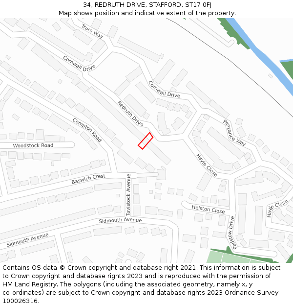 34, REDRUTH DRIVE, STAFFORD, ST17 0FJ: Location map and indicative extent of plot