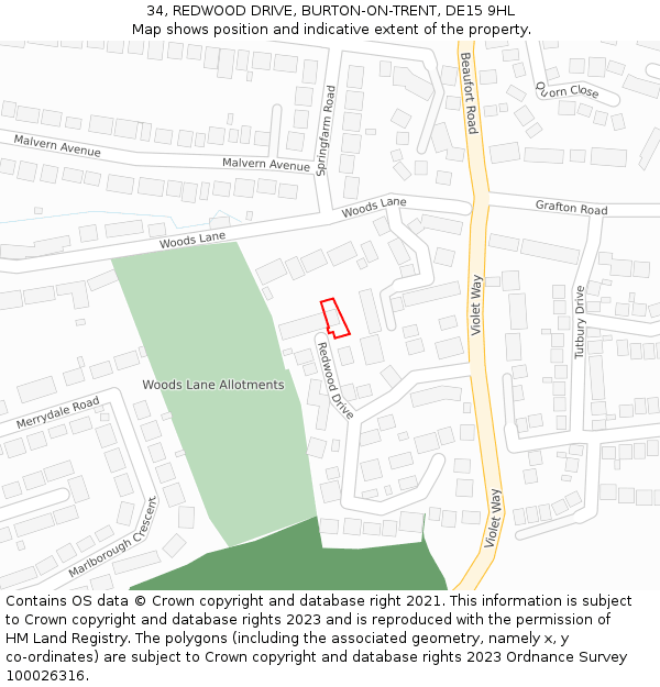 34, REDWOOD DRIVE, BURTON-ON-TRENT, DE15 9HL: Location map and indicative extent of plot