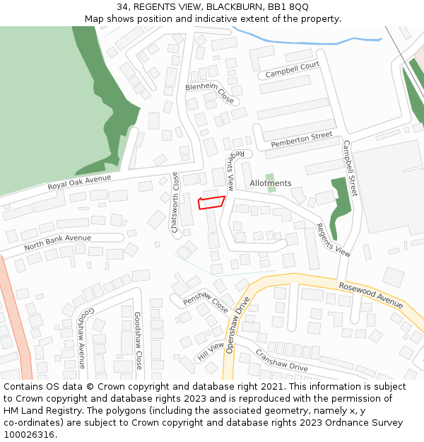 34, REGENTS VIEW, BLACKBURN, BB1 8QQ: Location map and indicative extent of plot