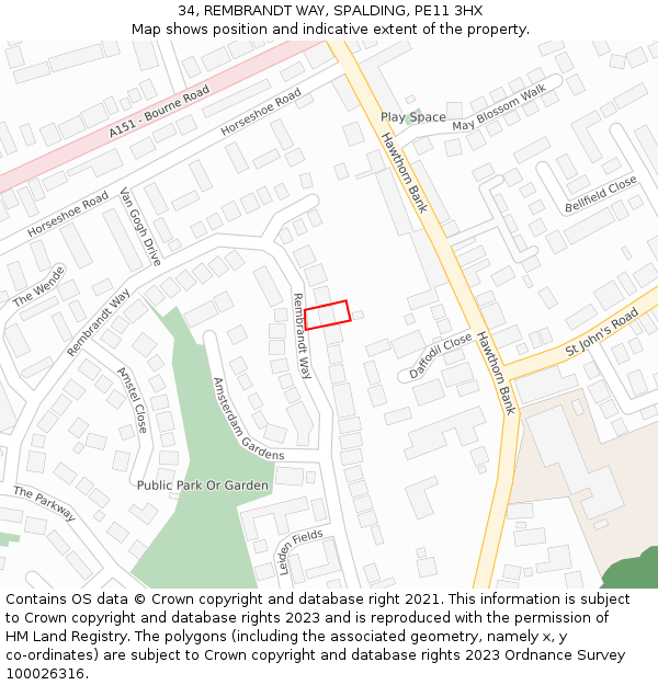 34, REMBRANDT WAY, SPALDING, PE11 3HX: Location map and indicative extent of plot
