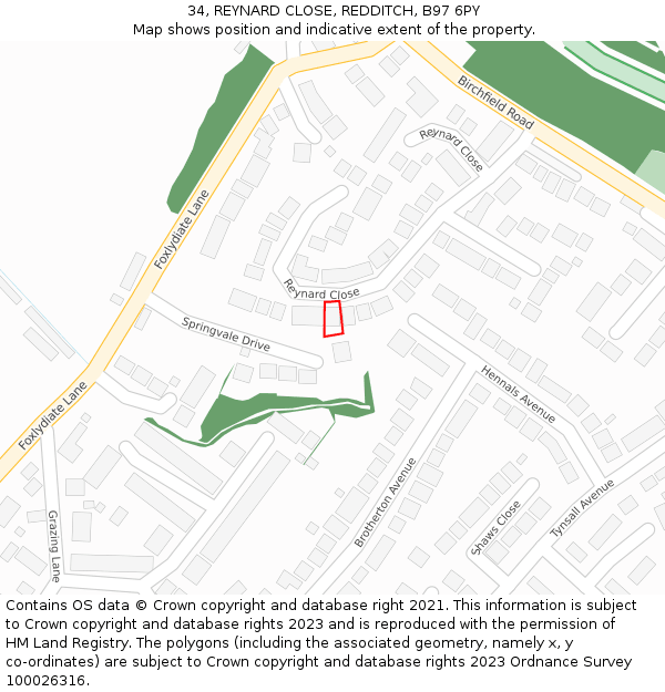 34, REYNARD CLOSE, REDDITCH, B97 6PY: Location map and indicative extent of plot