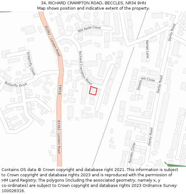 34, RICHARD CRAMPTON ROAD, BECCLES, NR34 9HN: Location map and indicative extent of plot