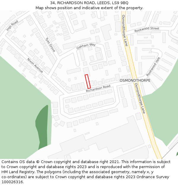 34, RICHARDSON ROAD, LEEDS, LS9 9BQ: Location map and indicative extent of plot