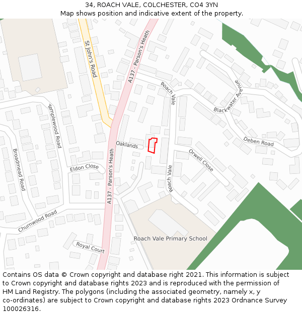34, ROACH VALE, COLCHESTER, CO4 3YN: Location map and indicative extent of plot