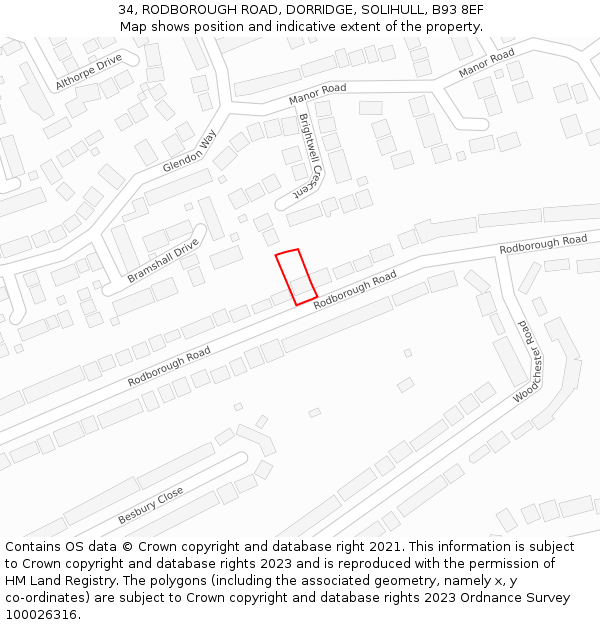 34, RODBOROUGH ROAD, DORRIDGE, SOLIHULL, B93 8EF: Location map and indicative extent of plot