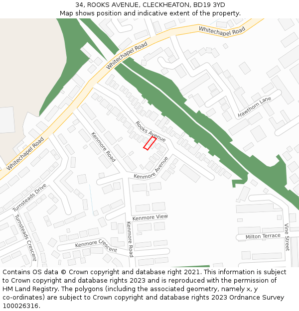 34, ROOKS AVENUE, CLECKHEATON, BD19 3YD: Location map and indicative extent of plot