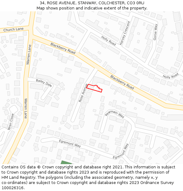 34, ROSE AVENUE, STANWAY, COLCHESTER, CO3 0RU: Location map and indicative extent of plot