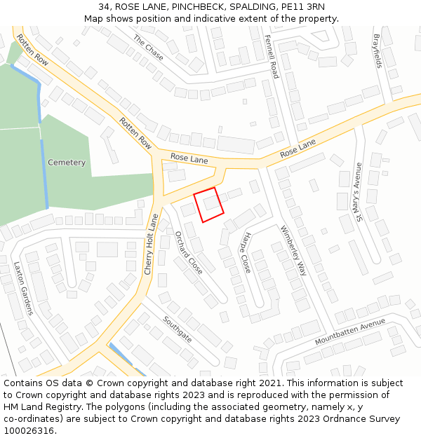 34, ROSE LANE, PINCHBECK, SPALDING, PE11 3RN: Location map and indicative extent of plot