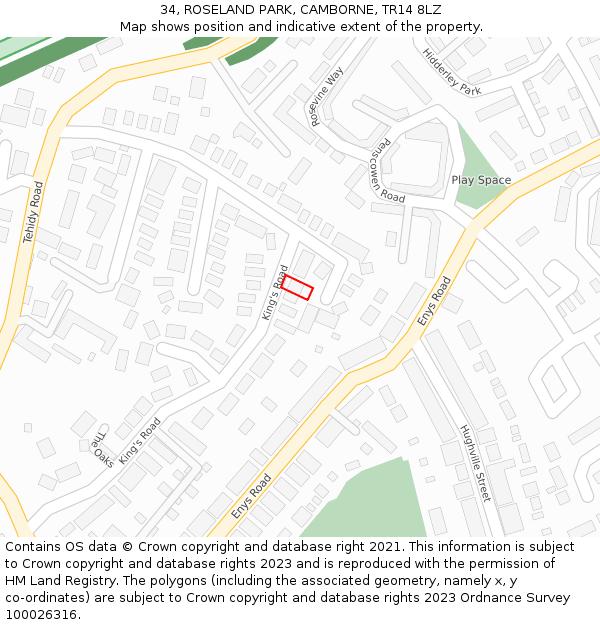 34, ROSELAND PARK, CAMBORNE, TR14 8LZ: Location map and indicative extent of plot