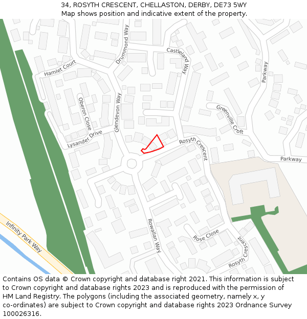 34, ROSYTH CRESCENT, CHELLASTON, DERBY, DE73 5WY: Location map and indicative extent of plot